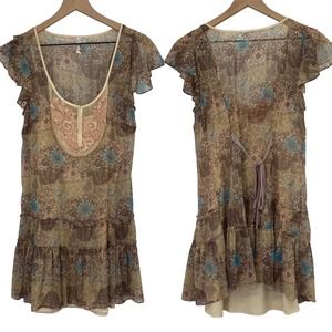 Free People Drop Waist Tunic Tiered Hem Brown Multi Floral Printed Boho Womens 4